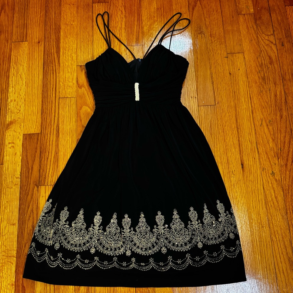 NWT VTG Cache Black Gold Beaded Spaghetti Straps Formal Cocktail Dress Sz 6 Y2K